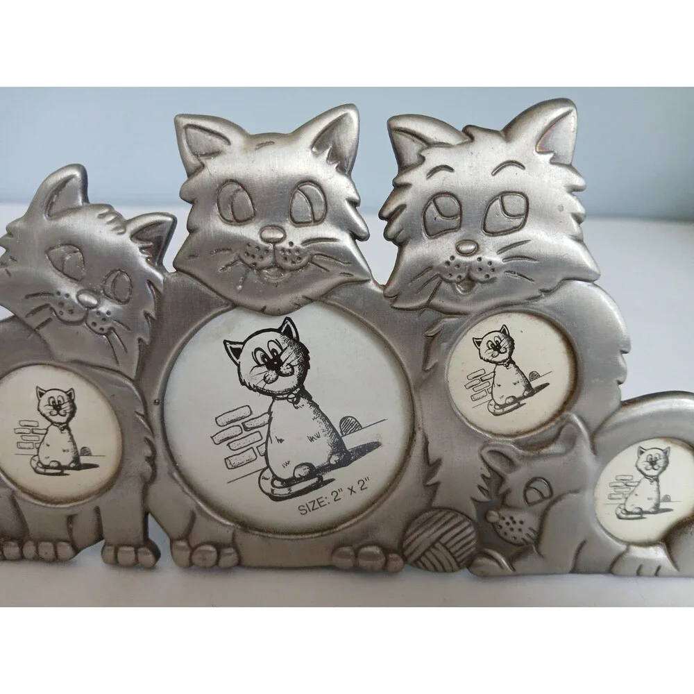 Kitty Cat Kitten Theme Pewter Picture Frame Holds 4 Photos Collage Vintage